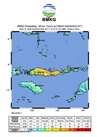 Peta guncangan gempa bumi Flores M7,7 dari BMKG